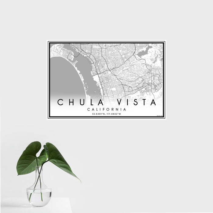 16x24 Chula Vista California Map Print Landscape Orientation in Classic Style With Tropical Plant Leaves in Water