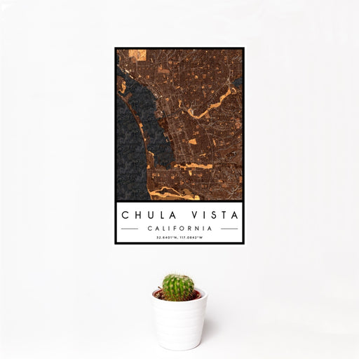 12x18 Chula Vista California Map Print Portrait Orientation in Ember Style With Small Cactus Plant in White Planter
