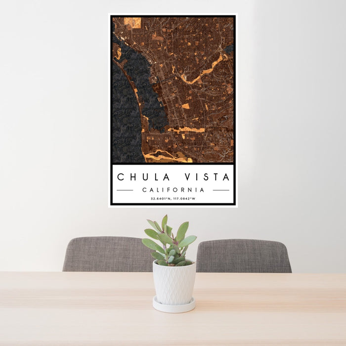 24x36 Chula Vista California Map Print Portrait Orientation in Ember Style Behind 2 Chairs Table and Potted Plant