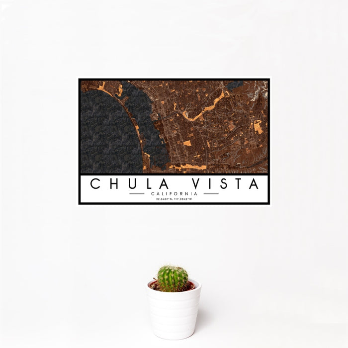 12x18 Chula Vista California Map Print Landscape Orientation in Ember Style With Small Cactus Plant in White Planter