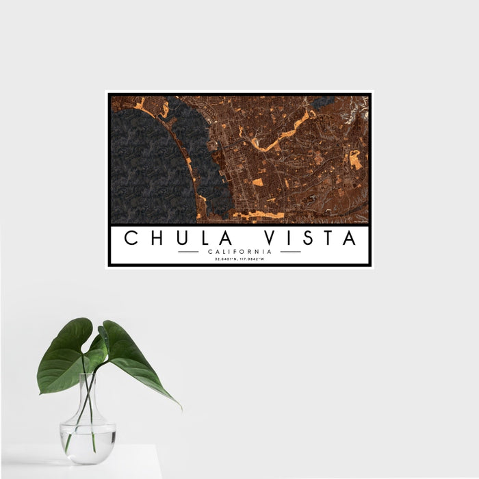 16x24 Chula Vista California Map Print Landscape Orientation in Ember Style With Tropical Plant Leaves in Water