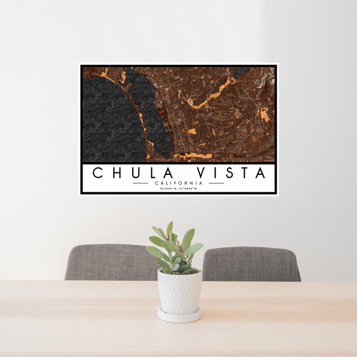 24x36 Chula Vista California Map Print Landscape Orientation in Ember Style Behind 2 Chairs Table and Potted Plant