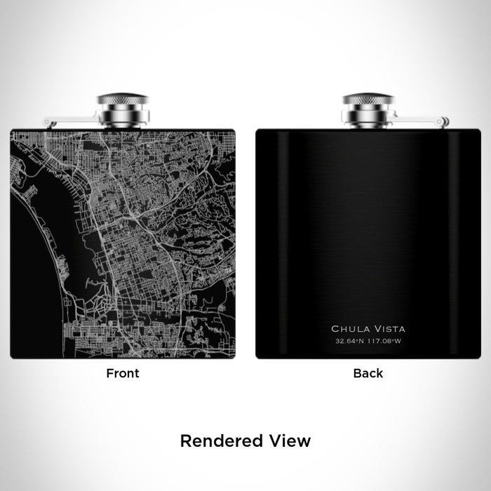 Rendered View of Chula Vista California Map Engraving on 6oz Stainless Steel Flask in Black