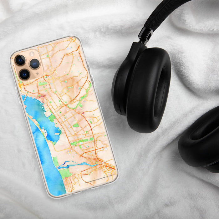 Custom Chula Vista California Map Phone Case in Watercolor on Table with Black Headphones