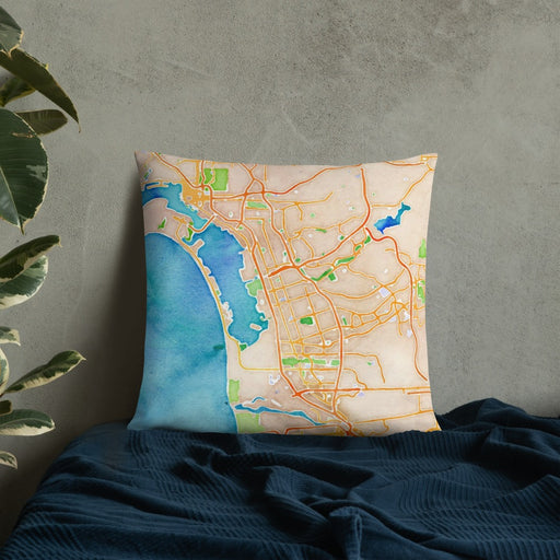 Custom Chula Vista California Map Throw Pillow in Watercolor on Bedding Against Wall