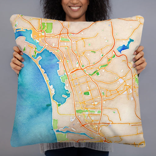 Person holding 22x22 Custom Chula Vista California Map Throw Pillow in Watercolor