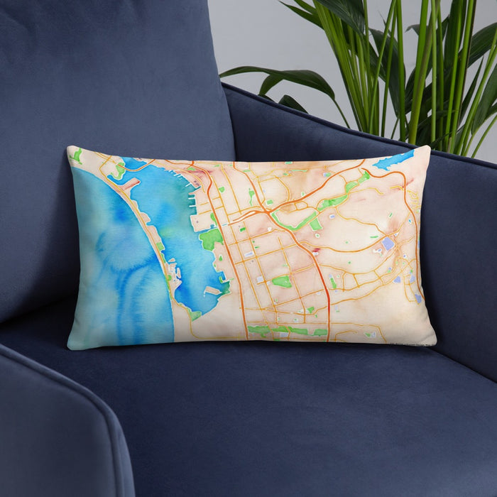Custom Chula Vista California Map Throw Pillow in Watercolor on Blue Colored Chair