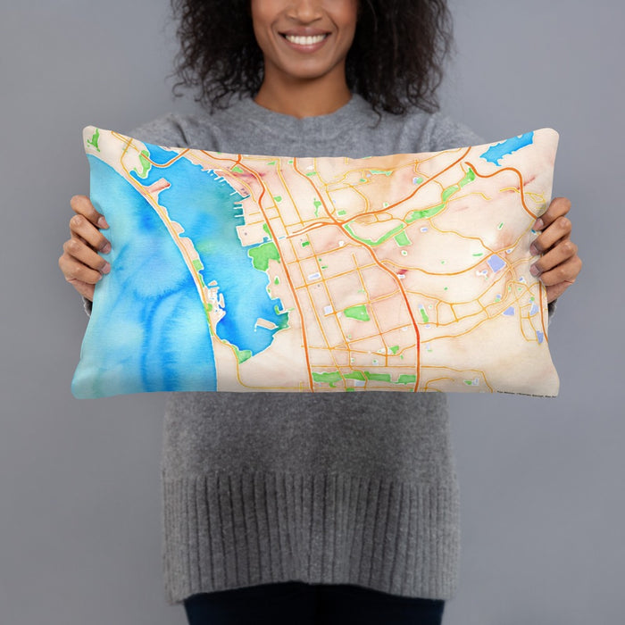 Person holding 20x12 Custom Chula Vista California Map Throw Pillow in Watercolor