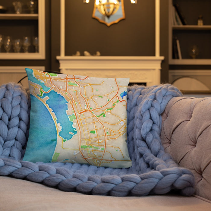Custom Chula Vista California Map Throw Pillow in Watercolor on Cream Colored Couch