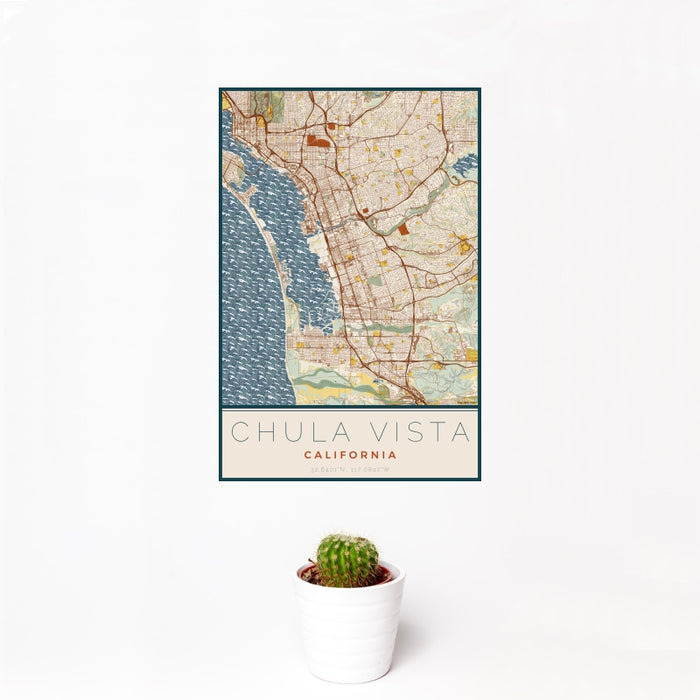 12x18 Chula Vista California Map Print Portrait Orientation in Woodblock Style With Small Cactus Plant in White Planter