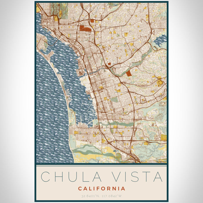 Chula Vista California Map Print Portrait Orientation in Woodblock Style With Shaded Background