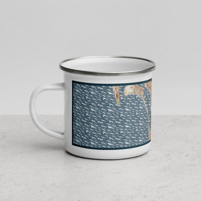 Left View Custom Chula Vista California Map Enamel Mug in Woodblock