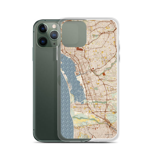 Custom Chula Vista California Map Phone Case in Woodblock on Table with Laptop and Plant