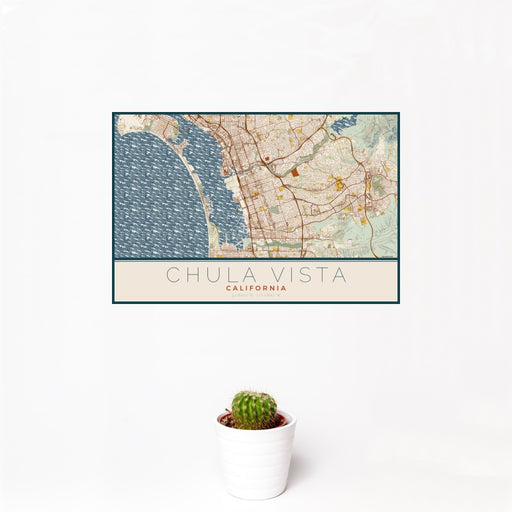 12x18 Chula Vista California Map Print Landscape Orientation in Woodblock Style With Small Cactus Plant in White Planter