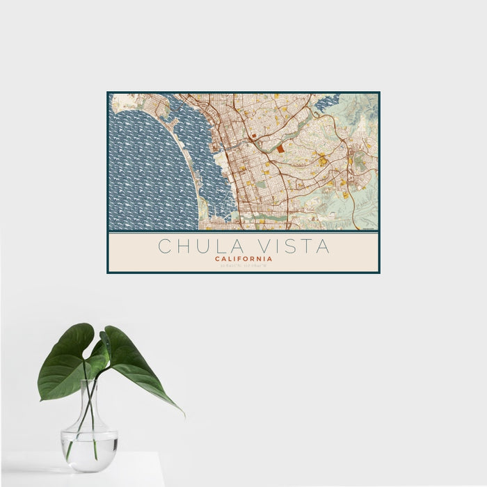 16x24 Chula Vista California Map Print Landscape Orientation in Woodblock Style With Tropical Plant Leaves in Water