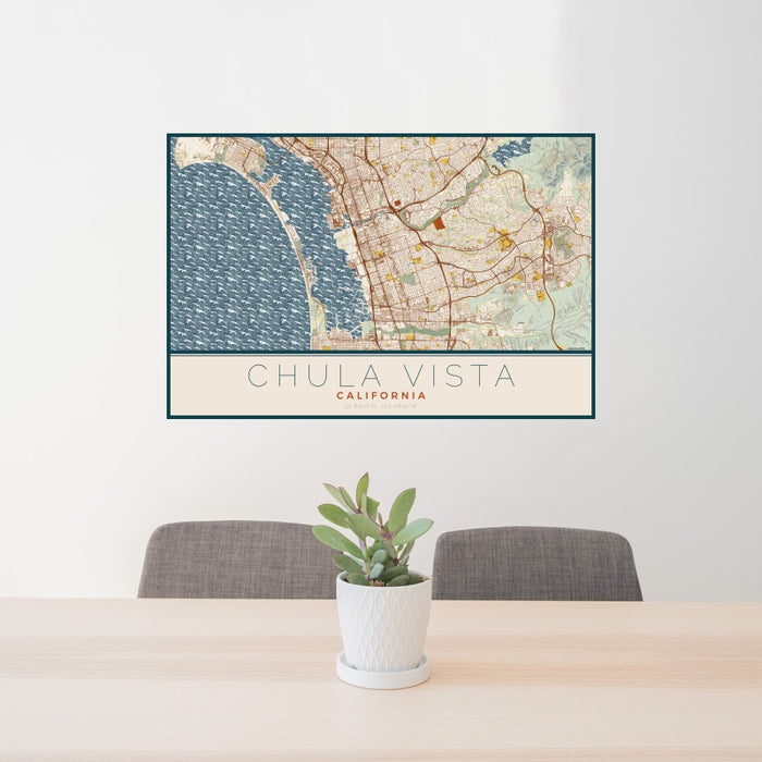 24x36 Chula Vista California Map Print Landscape Orientation in Woodblock Style Behind 2 Chairs Table and Potted Plant