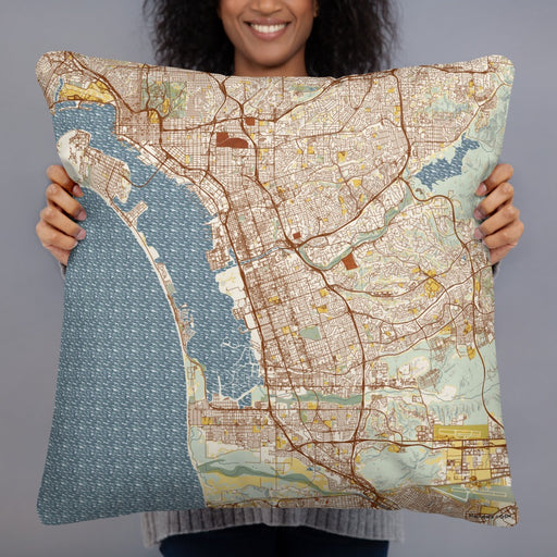 Person holding 22x22 Custom Chula Vista California Map Throw Pillow in Woodblock