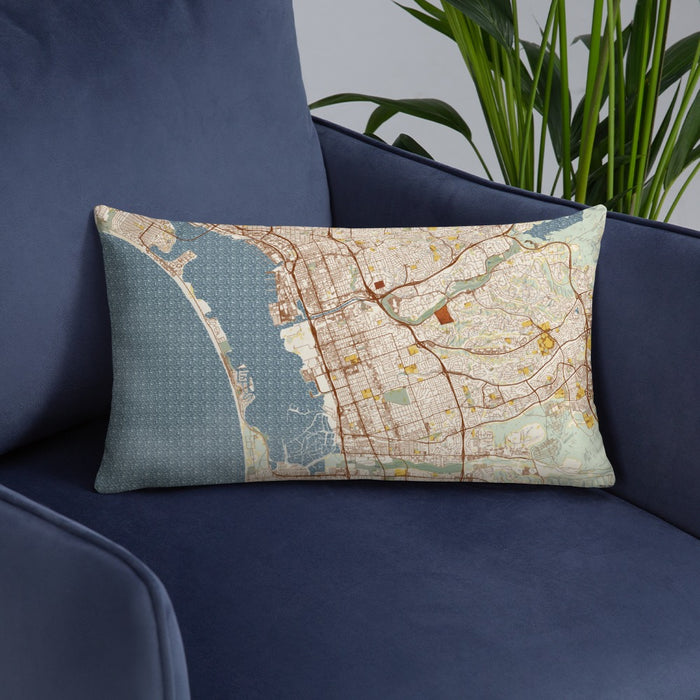 Custom Chula Vista California Map Throw Pillow in Woodblock on Blue Colored Chair