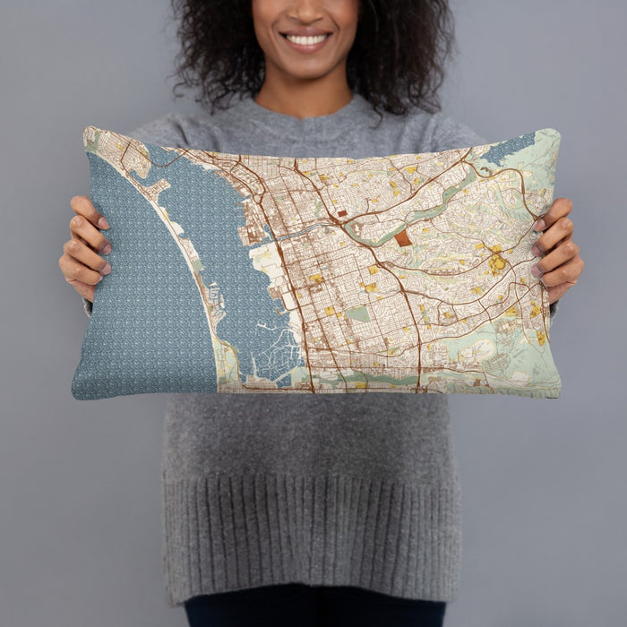 Person holding 20x12 Custom Chula Vista California Map Throw Pillow in Woodblock