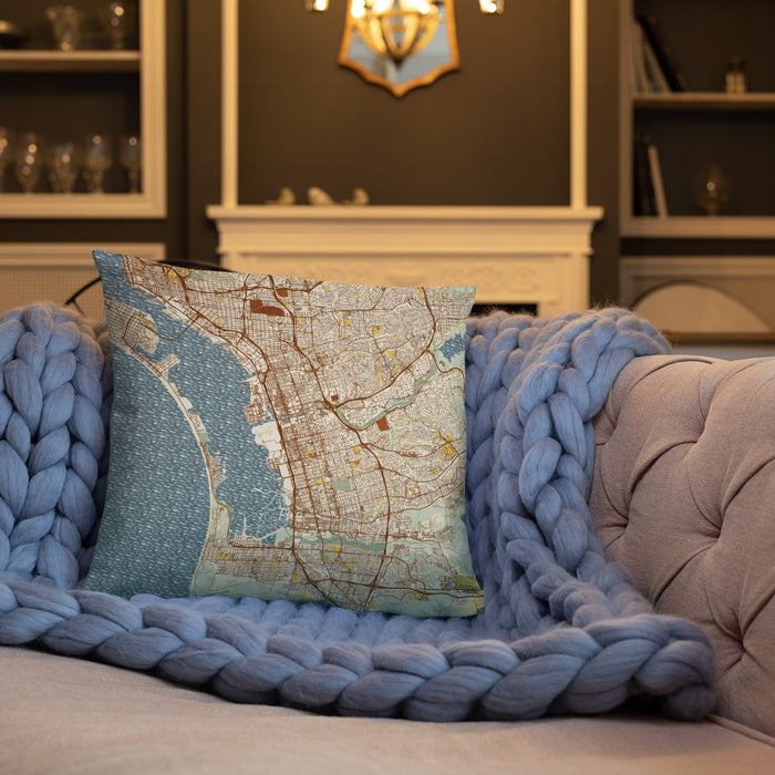 Custom Chula Vista California Map Throw Pillow in Woodblock on Cream Colored Couch