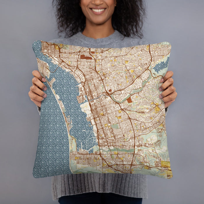 Person holding 18x18 Custom Chula Vista California Map Throw Pillow in Woodblock