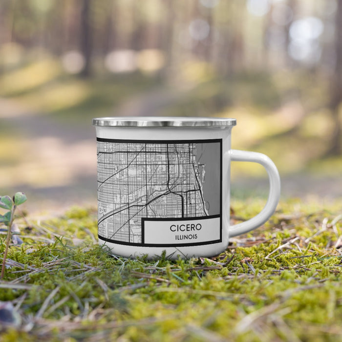 Right View Custom Cicero Illinois Map Enamel Mug in Classic on Grass With Trees in Background