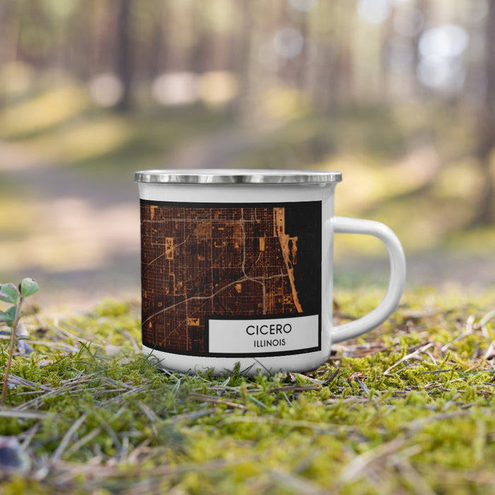 Right View Custom Cicero Illinois Map Enamel Mug in Ember on Grass With Trees in Background