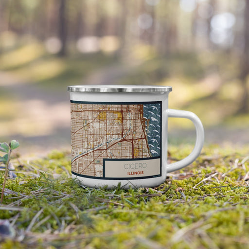 Right View Custom Cicero Illinois Map Enamel Mug in Woodblock on Grass With Trees in Background