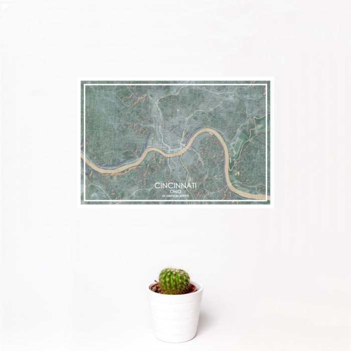 12x18 Cincinnati Ohio Map Print Landscape Orientation in Afternoon Style With Small Cactus Plant in White Planter