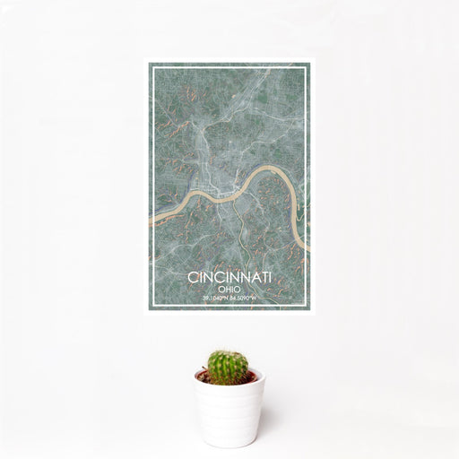 12x18 Cincinnati Ohio Map Print Portrait Orientation in Afternoon Style With Small Cactus Plant in White Planter