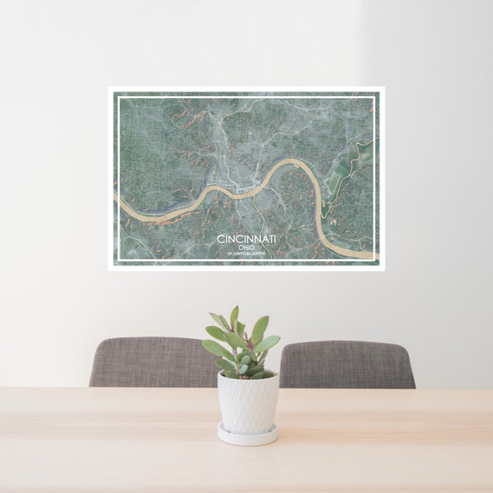 24x36 Cincinnati Ohio Map Print Lanscape Orientation in Afternoon Style Behind 2 Chairs Table and Potted Plant