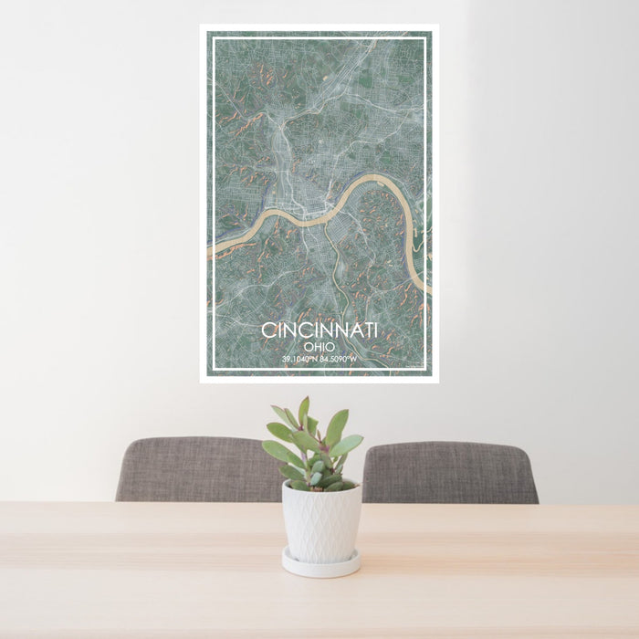 24x36 Cincinnati Ohio Map Print Portrait Orientation in Afternoon Style Behind 2 Chairs Table and Potted Plant