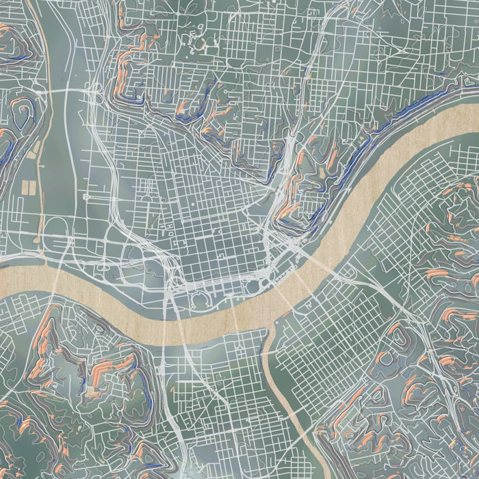 Cincinnati Ohio Map Print in Afternoon Style Zoomed In Close Up Showing Details