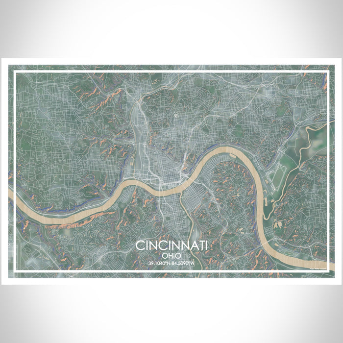 Cincinnati Ohio Map Print Landscape Orientation in Afternoon Style With Shaded Background