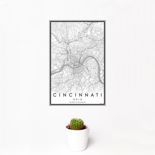 12x18 Cincinnati Ohio Map Print Portrait Orientation in Classic Style With Small Cactus Plant in White Planter