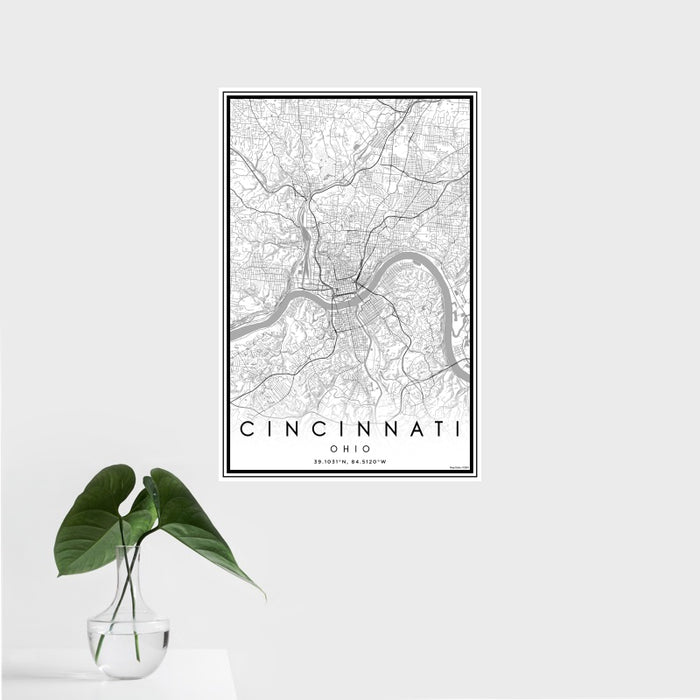 16x24 Cincinnati Ohio Map Print Portrait Orientation in Classic Style With Tropical Plant Leaves in Water