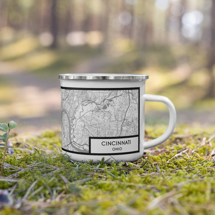 Right View Custom Cincinnati Ohio Map Enamel Mug in Classic on Grass With Trees in Background