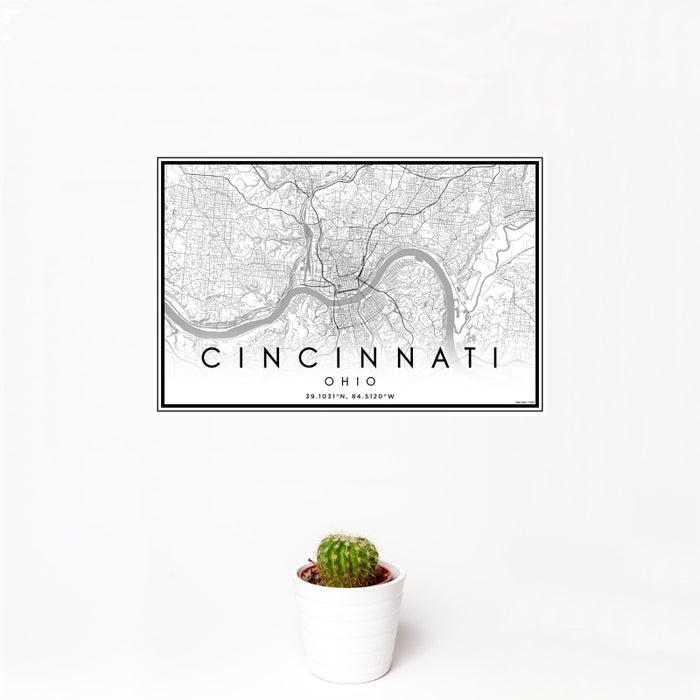 12x18 Cincinnati Ohio Map Print Landscape Orientation in Classic Style With Small Cactus Plant in White Planter
