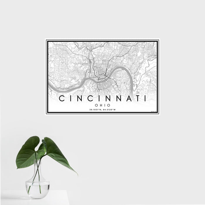16x24 Cincinnati Ohio Map Print Landscape Orientation in Classic Style With Tropical Plant Leaves in Water