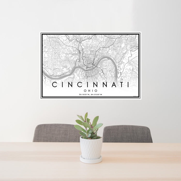 24x36 Cincinnati Ohio Map Print Landscape Orientation in Classic Style Behind 2 Chairs Table and Potted Plant