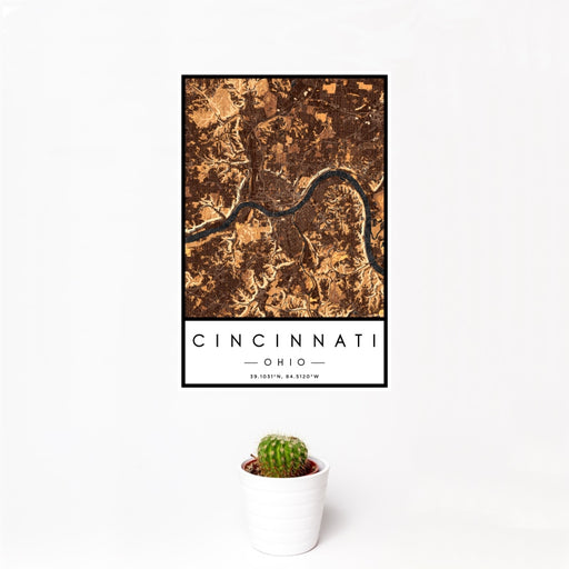 12x18 Cincinnati Ohio Map Print Portrait Orientation in Ember Style With Small Cactus Plant in White Planter