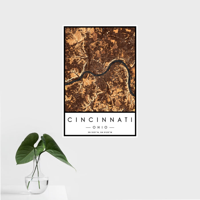 16x24 Cincinnati Ohio Map Print Portrait Orientation in Ember Style With Tropical Plant Leaves in Water