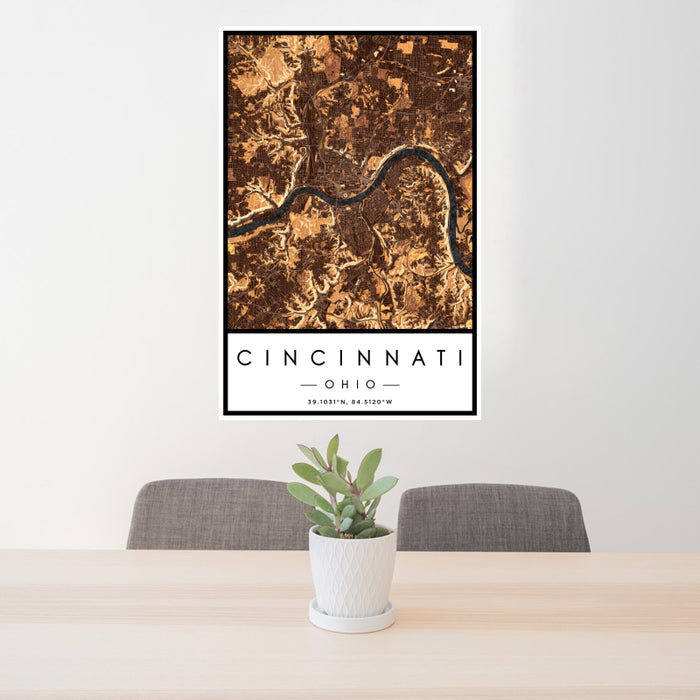 24x36 Cincinnati Ohio Map Print Portrait Orientation in Ember Style Behind 2 Chairs Table and Potted Plant
