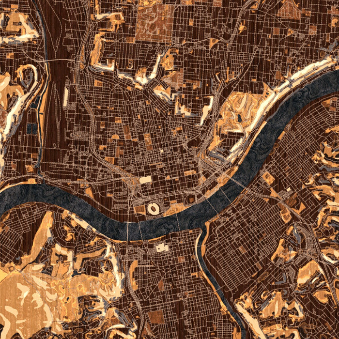 Cincinnati Ohio Map Print in Ember Style Zoomed In Close Up Showing Details