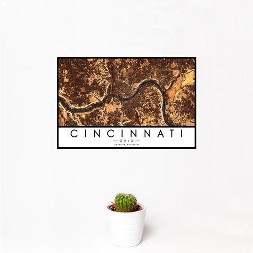 12x18 Cincinnati Ohio Map Print Landscape Orientation in Ember Style With Small Cactus Plant in White Planter