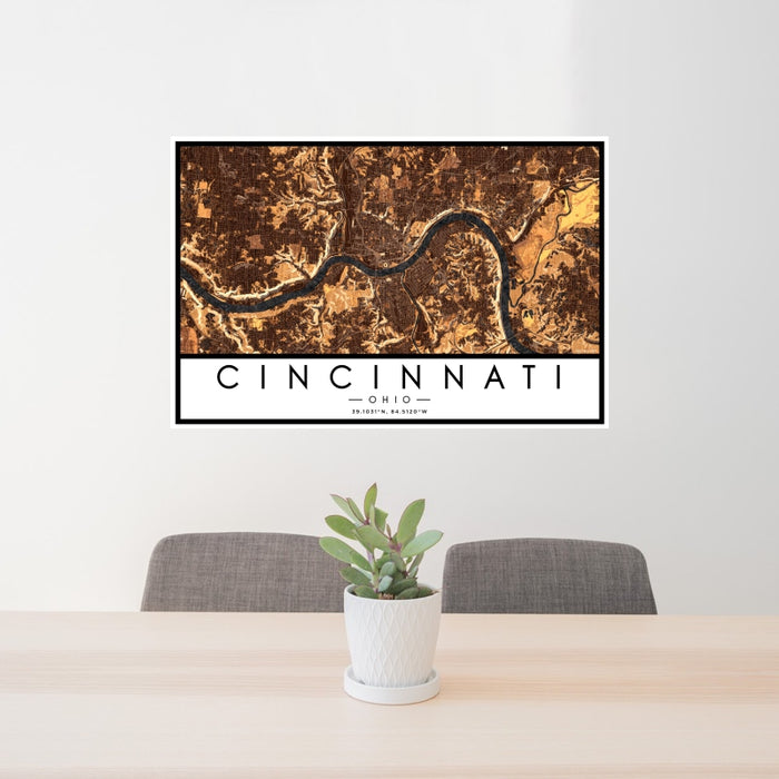 24x36 Cincinnati Ohio Map Print Landscape Orientation in Ember Style Behind 2 Chairs Table and Potted Plant