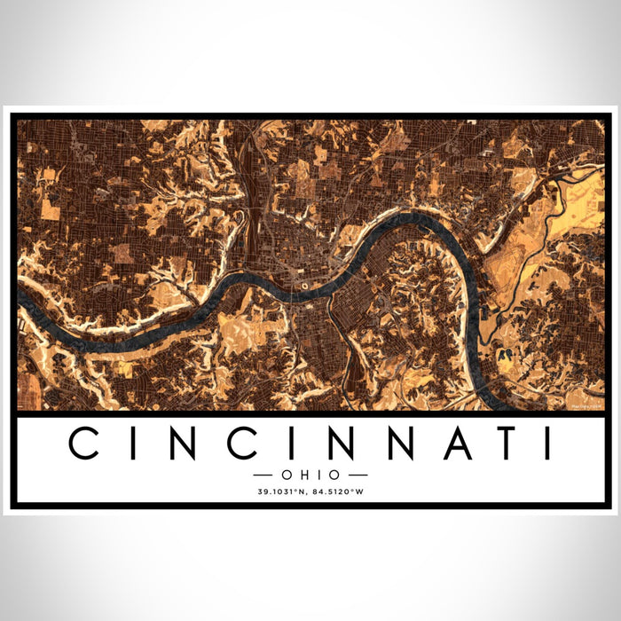 Cincinnati Ohio Map Print Landscape Orientation in Ember Style With Shaded Background
