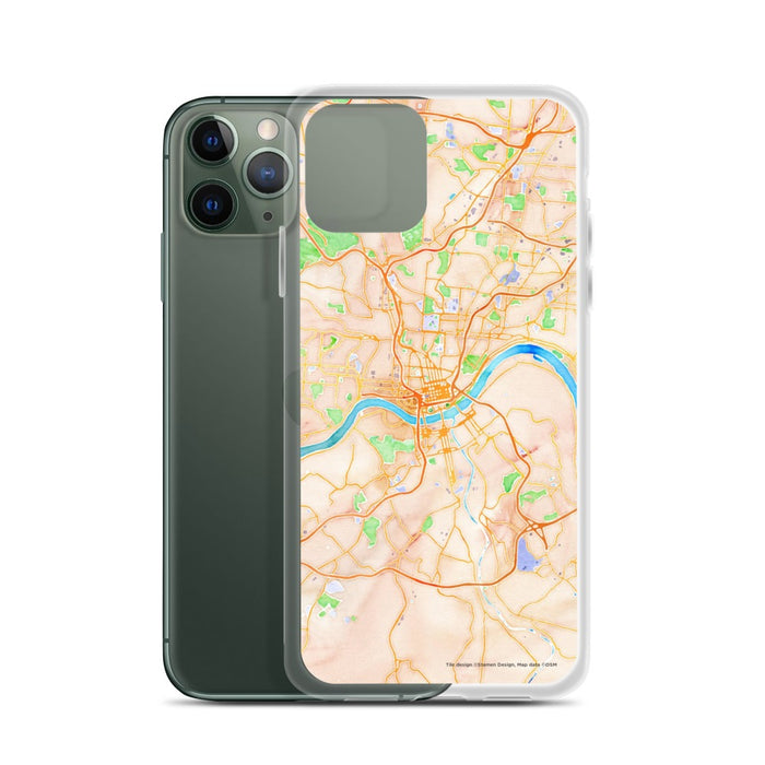 Custom Cincinnati Ohio Map Phone Case in Watercolor on Table with Laptop and Plant