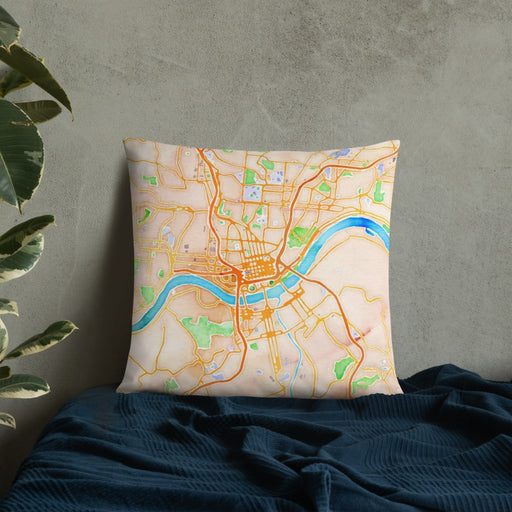 Custom Cincinnati Ohio Map Throw Pillow in Watercolor on Bedding Against Wall