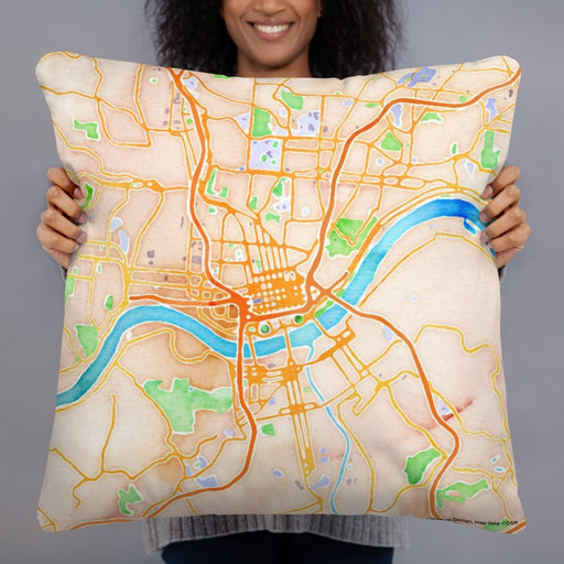 Person holding 22x22 Custom Cincinnati Ohio Map Throw Pillow in Watercolor